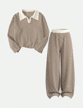 Conjunto de camiseta y pantalones para adolescentes, nuevo estilo casual minimalista de otoño, de punto con textura a rayas, cuello polo, manga larga - Shein - FashionsVida