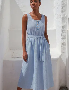 Women's Pinstripe Belted Midi Dress in Light Blue Size: 18 - Light Blue - Size: 18 - Roman - FashionsVida