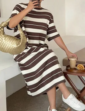 Vestido largo casual de manga corta con bloques de color contrastante, corte holgado, vestido suéter, talla grande para vacaciones de principios de o - Shein - FashionsVida