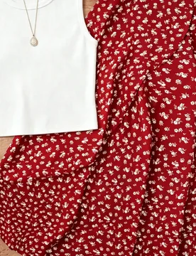 Conjunto de Top de Tirantes de Punto & Falda Floral sin Estiramiento para Mujer, Diseño Elegante Casual con Nudo, Ropa de Vacaciones Playa Hogar, Pri - Shein - FashionsVida