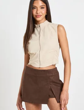 Womens Faux Suede Mini Skort - Chocolate - Size 6 Uk - Boohoo - FashionsVida
