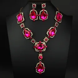 Fashionable full-diamond gemstone retro large glass crystal necklace and earrings set - women's personalized accessories