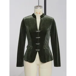 Chaqueta de mujer de otoño con diseño de botones de rana de terciopelo XS