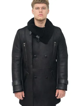 Mens Double Breasted Sheepskin Reefer Coat-Candon - Black - Size 3xl - Infinity Leather - FashionsVida