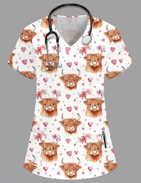 Blusa de manga corta con cuello en V y doble bolsillo con estampado de animales de granja, corazones y flores pequeñas en estilo de dibujos animados, - Shein - FashionsVida