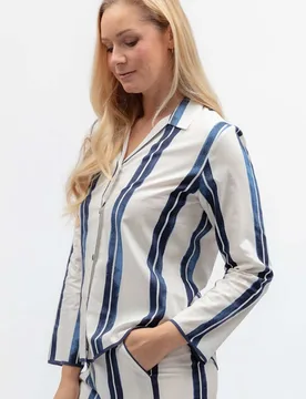 Cotton Modal Striped Revere Pyjama Top Navy Mix female - Cyberjammies - FashionsVida