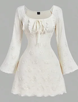 Vestido mini de mujer con volantes, lazo delantero, mangas raglán y falda acampanada S - Shein - FashionsVida