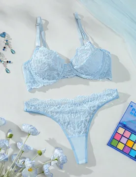 Ropa interior de mujer con encaje azul claro, floral, dulce y sexy para salir S - Shein - FashionsVida