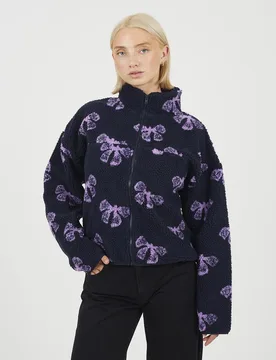 Bow Print Zip Through Womens Sherpa Fleece - - Size: L - Brave soul - FashionsVida