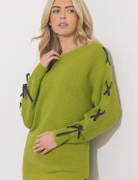 Women's Ribbon Trim Batwing Knitted Jumper in Lime Size: XL - Lime - Size: XL - Klass. - FashionsVida