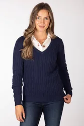 Emma Ladies V Neck Cable Knit Jumper - - Size: 18