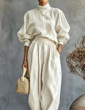 Conjunto de 2 piezas para mujer con camisa elegante de manga larga y pantalones holgados con cintura elástica y corte cónico en color beige, adecuad - Shein - FashionsVida