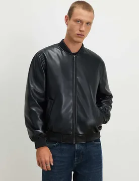 Faux Leather Bomber Jacket Black male - River Island - FashionsVida