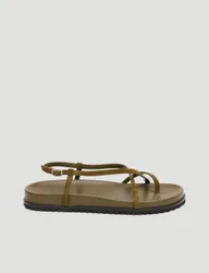 Leather Strappy Footbed Flat Sandals Olive female