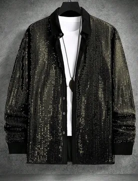 Camisa de moda de manga larga decorada con lentejuelas para hombre, camisa negra y dorada brillante, formal XXL - Shein - FashionsVida