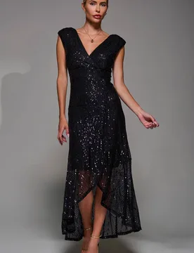 Women's Sequin Asymmetric Ruffle Hem Maxi Dress in Black Size: 16 - Black - Size: 16 - Jolie Moi - FashionsVida