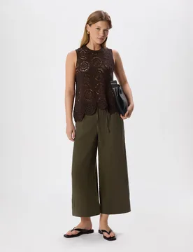 Pure Linen Wide Leg Cropped Trousers Khaki female - Whistles - FashionsVida