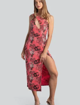 Women's One Shoulder Floral Printed Midi Dress in Red Size: 18 - Red - Size: 18 - Enorsia - FashionsVida