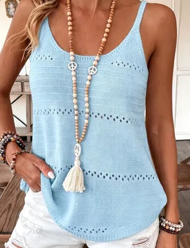 Camiseta de punto sin mangas con diseño calado de unicolor para mujer, ideal para vacaciones M - Shein - FashionsVida