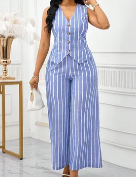 Conjunto de 2 piezas elegante y formal de verano para mujer, azul claro a rayas, talla grande, top sin mangas con botones delanteros y cuello en V & p - Shein - FashionsVida