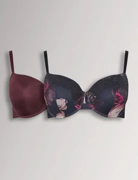 Women's 2 Pack Floral Print T-Shirt Bras in Dark Navy Size: 46D - Dark Navy - Size: 46D - Yours - FashionsVida