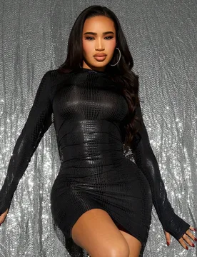 Vestido ajustado de manga larga con textura de estampado de cocodrilo para mujer XS - Shein - FashionsVida