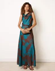 Floral Satin Cowl Neck Dress - L / CHOCOLATE/TEAL - female