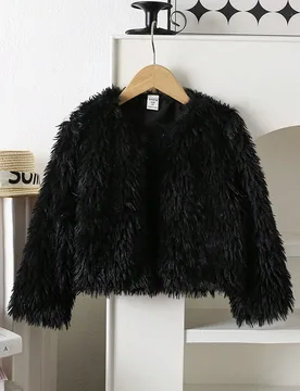 Chaqueta corta de felpa larga elegante de invierno, abrigo de piel sintética negro de cuello redondo, prenda de abrigo cálida 6Y - Shein - FashionsVida