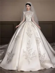 High-end long-sleeved light new main fabric heavy satin luxurious plus-size tailline dress