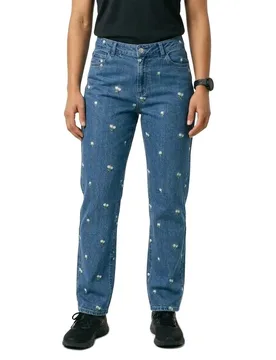Jeans Taille Haute Flora Straight Emb Medium Blue Denim / White Flower Embroidery 26 - Pieces - FashionsVida