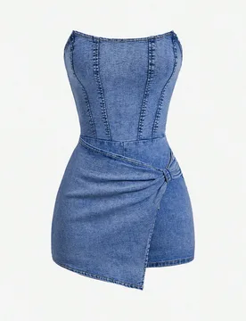 Mono de tubo de mezclilla con dobladillo asimétrico envolvente y casual de verano para mujeres M - Shein - FashionsVida