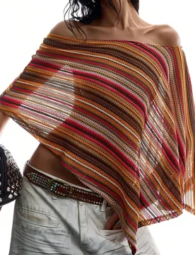 Blusa holgada de mujer con hombros descubiertos, a rayas, con diseño vintage y calado, de moda para el verano XL - Shein - FashionsVida