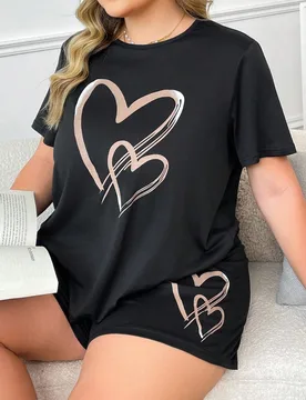 Conjunto de pijama de top de manga corta y pantalones cortos con estampado de corazón, talla grande, minimalista 3XL - Shein - FashionsVida