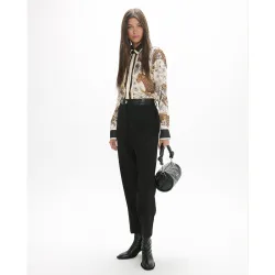 Pantalón de vestir de mujer punto roma con cinturilla a contraste