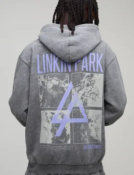 Herren Übergroßer Linkin Park Acid-Wash Lizenz-Print Kapuzenpullover Washed Charcoal Größe Medium - boohooMAN - FashionsVida