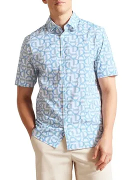 Mens Pale Blue Short Sleeve Branded Geo Shirt - Male - Blue - Large - Ted baker - FashionsVida