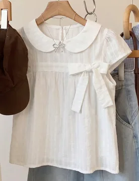 Blusa de manga corta con cuello Peter Pan y lazo decorativo, unicolor, blanca, para uso diario y citas, estilo lindo de verano para mujer XS - Shein - FashionsVida
