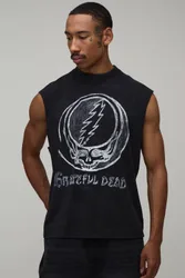 Herren Übergroßes Grateful Dead Acid-Wash-Lizenz-Print-Trägershirt Washed Black Größe Large