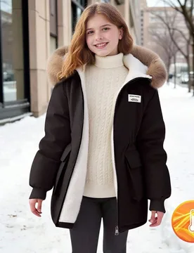 Chaqueta parka de otoño/invierno para niñas, manga larga, forro polar, cuello de piel, bolsillos grandes, con capucha, cintura ceñida, moda minimal - Shein - FashionsVida