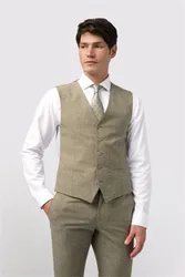 Mens V-Neck Tailored Suit Waistcoat In Stone Linen - Size 42 (Chest)