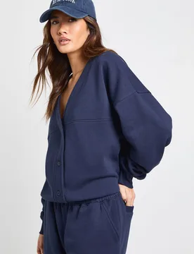 Womens Button Through Cardigan Sweatshirt And Straight Leg Jogger Tracksuit - Navy Cotton - Size Small - Boohoo - FashionsVida