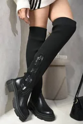 Women's Carla Knitted Platform Over The Knee Chunky Boots in Black Size: 3 - Black - Size: 3