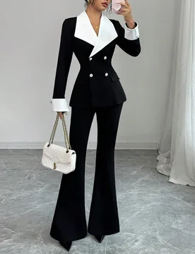 Conjunto de traje elegante con chaqueta de manga larga de doble botonadura con cuello de contraste y pantalones acampanados para mujer S - Shein - FashionsVida