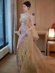 A light luxury and niche style for toasting fish-tail host banquet sequined dress