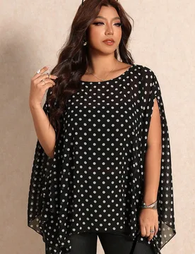 Blusa de talla grande con cuello de chal, estampado de lunares, moda francesa, cuello redondo 3XL - Shein - FashionsVida