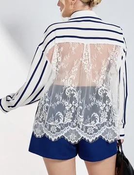 Conjunto de 2 piezas elegante estilo universitario con rayas azules y blancas y encaje de contraste para mujer talla grande, para noche, formal, vacac - Shein - FashionsVida