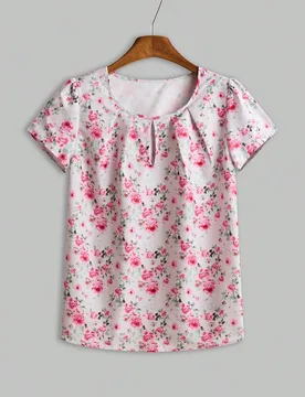 Blusa veraniega de mujer con cuello redondo, estampado floral y pliegues, blusón de manga corta XL - Shein - FashionsVida