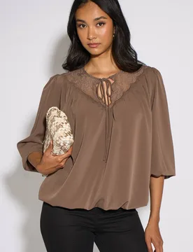 Women's Mocha Lace Trim Bubble Hem Blouse in Light Brown Size: 8 - Light Brown - Size: 8 - Gini London - FashionsVida