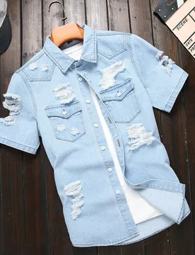 Camisa casual de manga corta de hombre de mezclilla lavada y desgastada S - Shein - FashionsVida