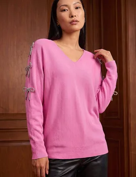 Women's Bow Sleeve V-Neck Knit Jumper in Pink Size: Large - Pink - Size: L - Roman - FashionsVida